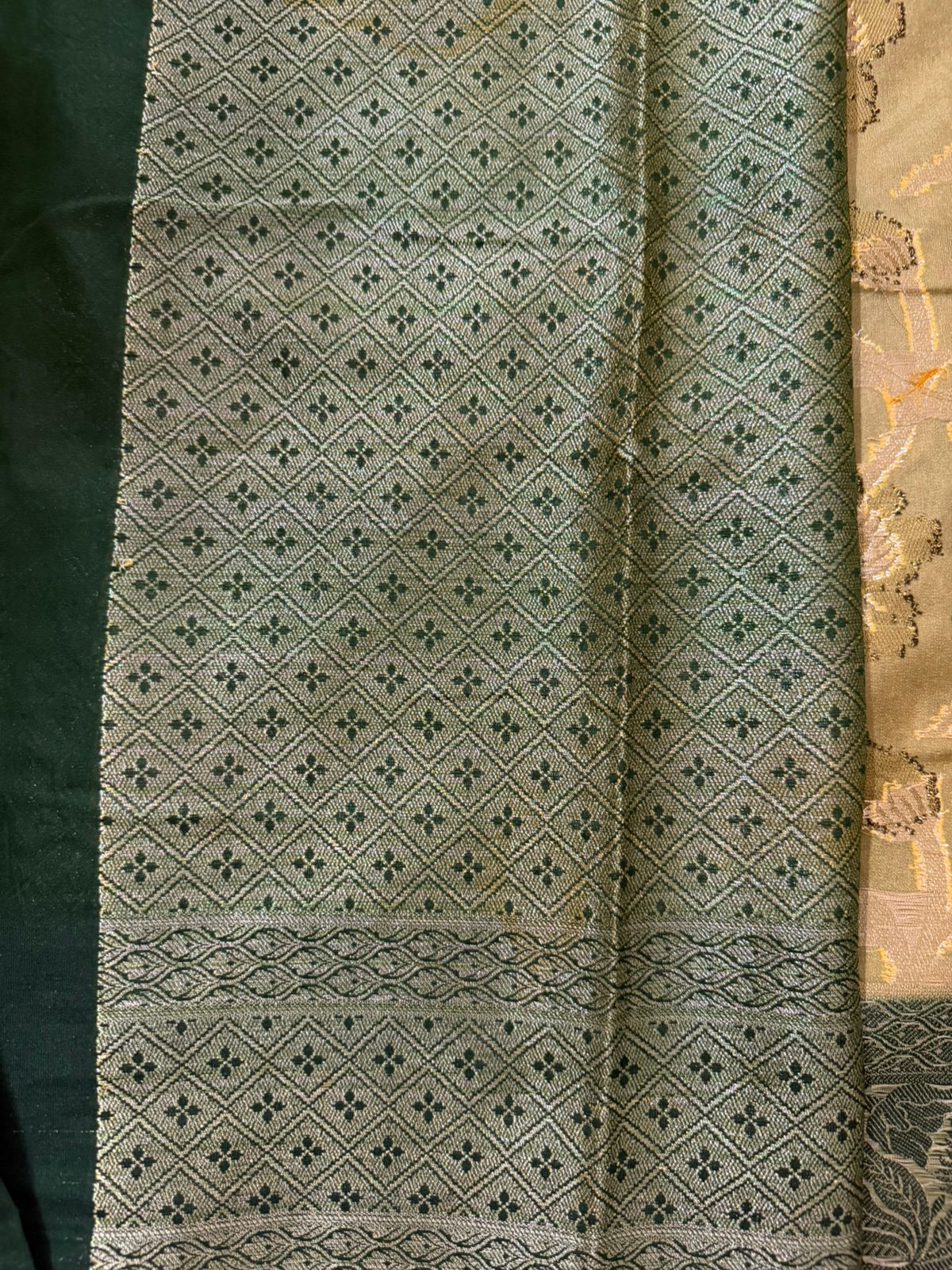 Seaweed Green n Dark Green-Floral Pattern-Banarasi Crepe Silk Saree