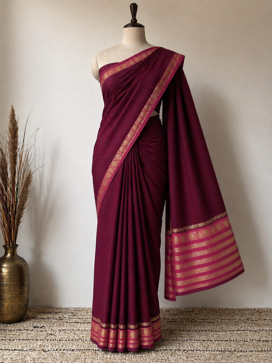 Magenta n Pink-Plain-Mysore Crepe Silk Saree