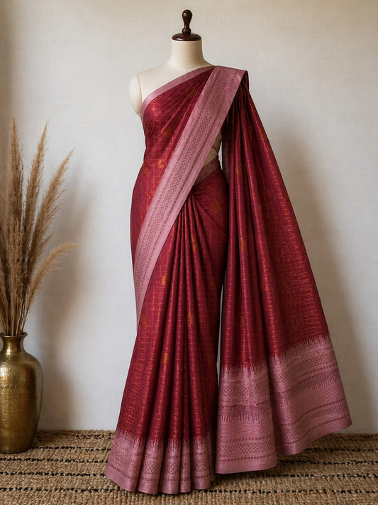 Ruby Red n Blush Pink Border-Checks-Silk Saree