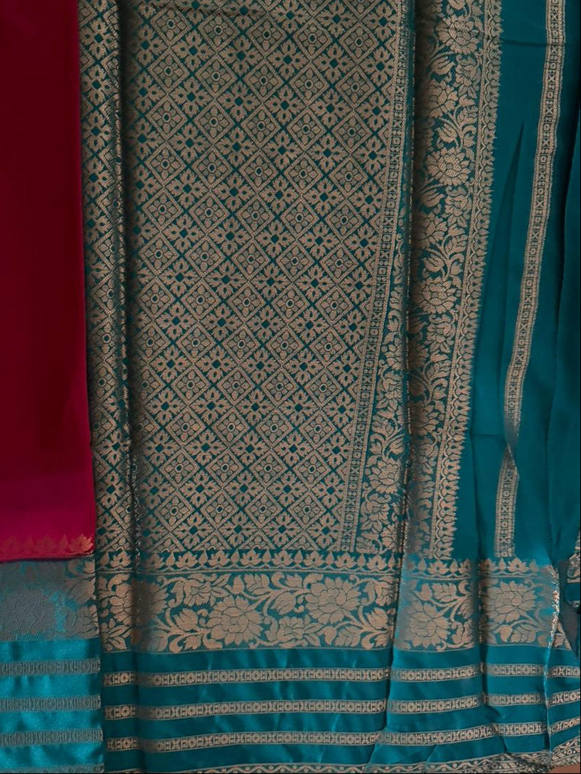 Pink n Blue-Mysore Crepe Silk Saree