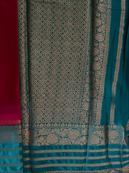 Pink n Blue-Mysore Crepe Silk Saree