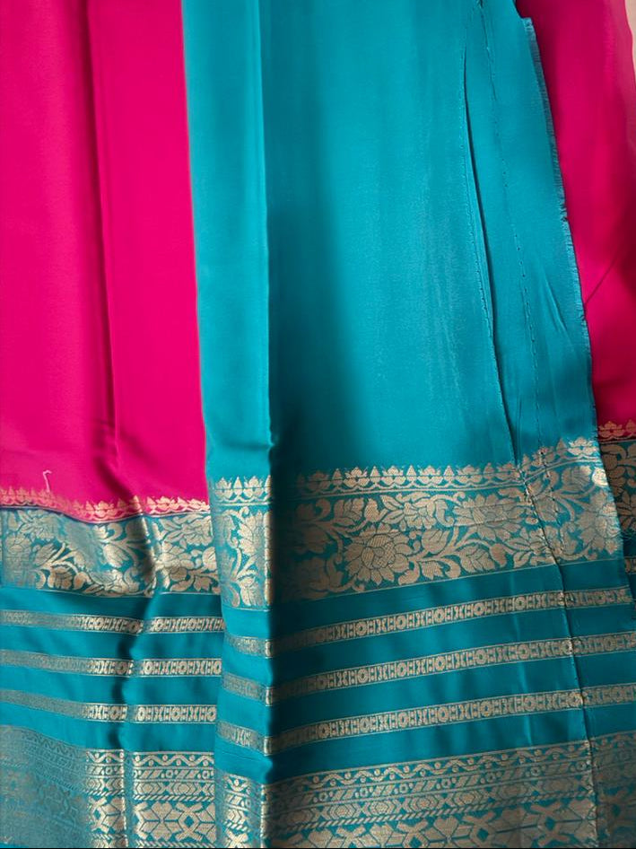 Pink n Blue-Mysore Crepe Silk Saree