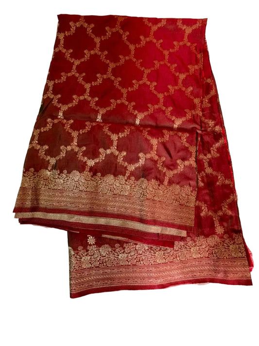 Rust Red-Thread Weaving-Banaras Tissue Saree