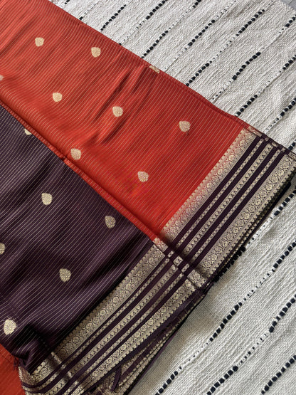 Orange n Brown-Stripe Design- Mysore Crepe Silk Saree