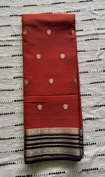 Orange n Brown-Stripe Design- Mysore Crepe Silk Saree