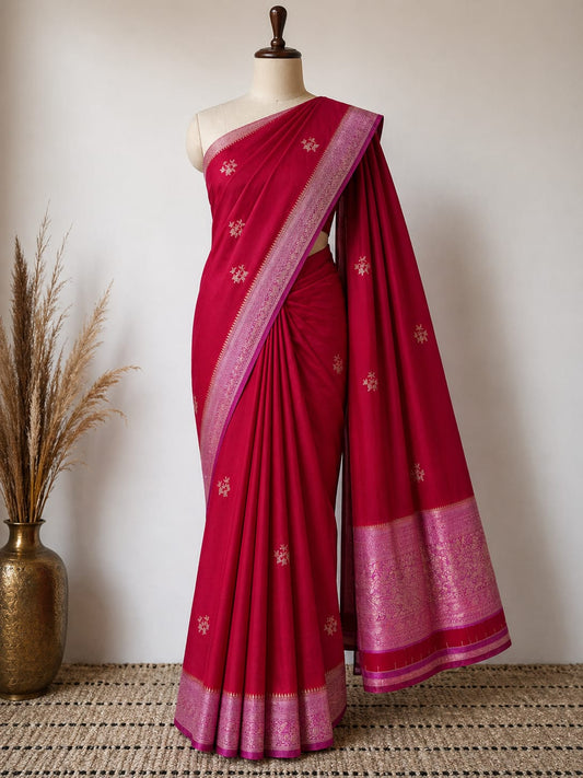 Red n Light Pink-Tone Crepe-Soft Silk Saree