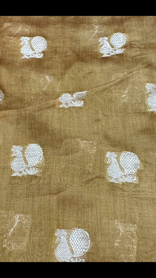 Golden Chanderi Saree | Zari Bird Buti & Printed Peacock Border