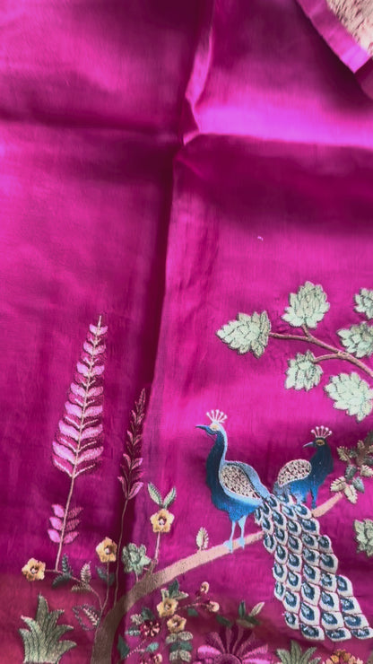 Magenta Pink Pure Organza Suit Set | Resham Peacock Embroidered Handloom Dupatta
