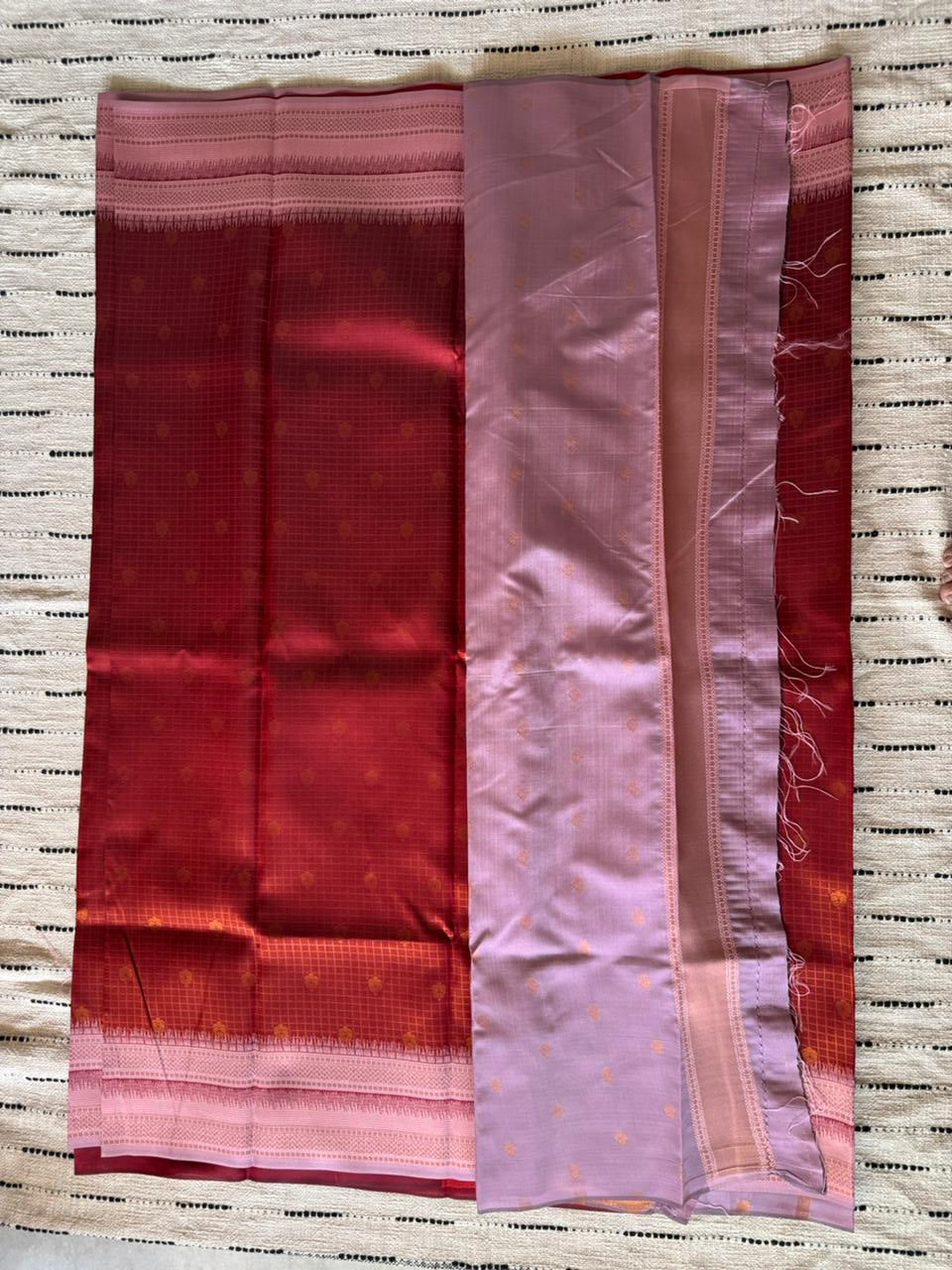 Ruby Red n Blush Pink Border-Checks-Silk Saree
