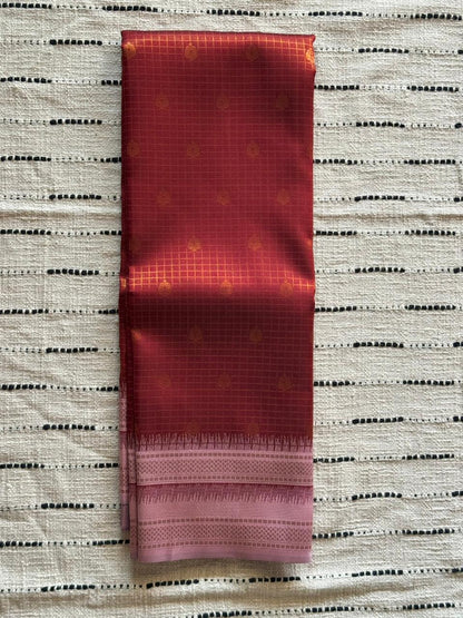 Ruby Red n Blush Pink Border-Checks-Silk Saree