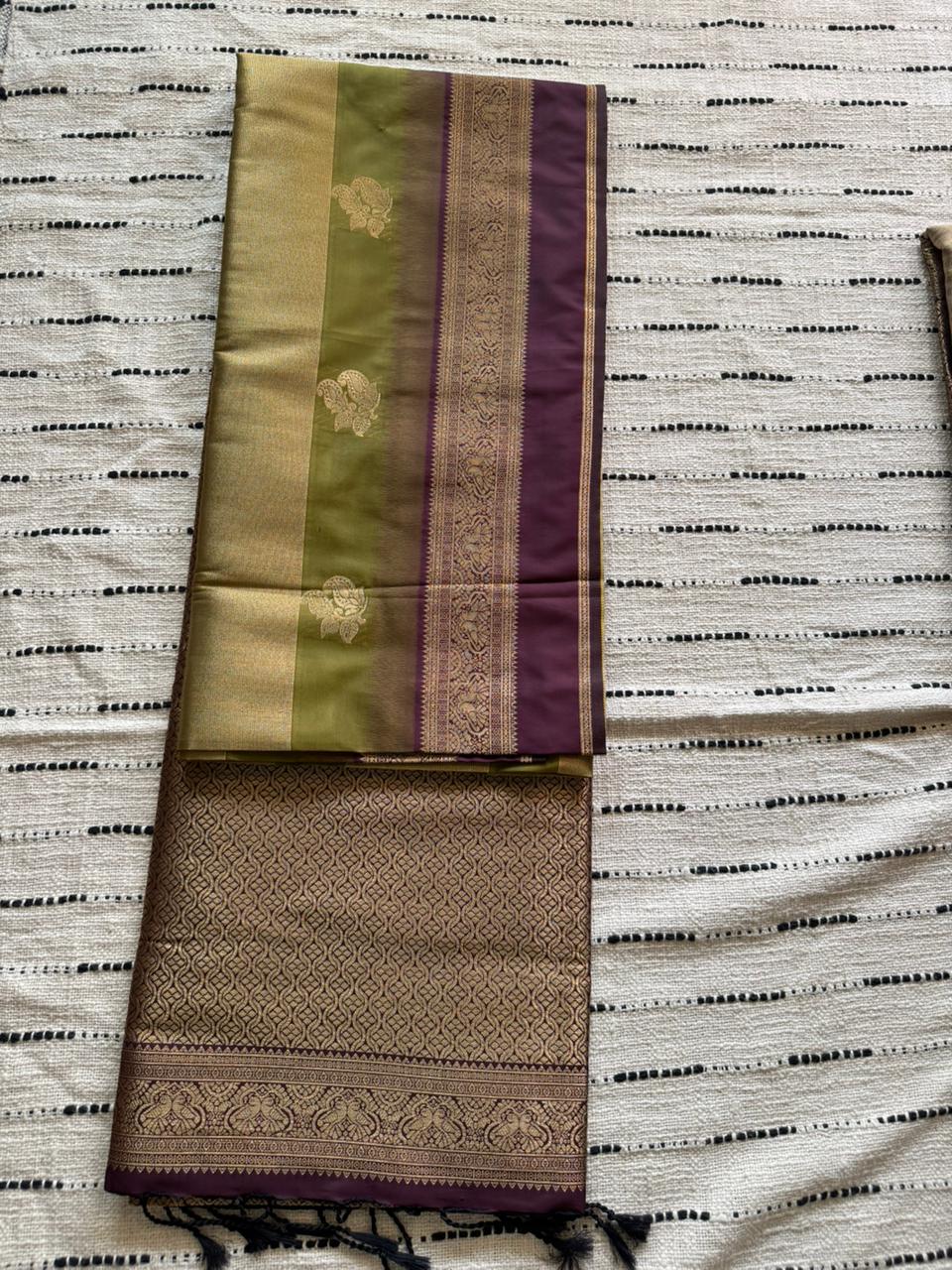 Olive Green n Wine Purple-Banarasi Katan n Organza Silk Saree