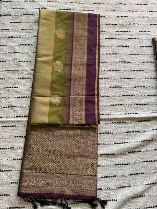 Olive Green n Wine Purple-Banarasi Katan n Organza Silk Saree