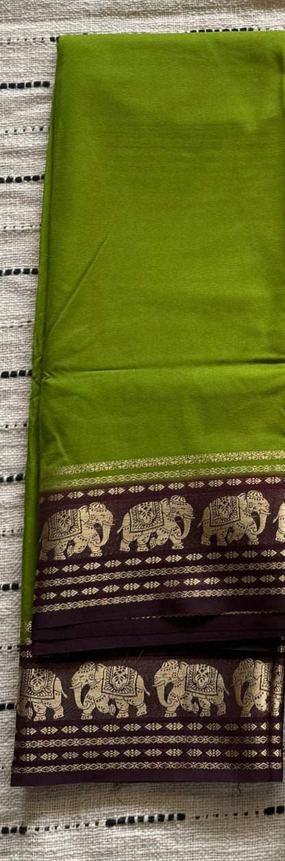 Green n Brown-Plain-Mysore Crepe Silk Saree