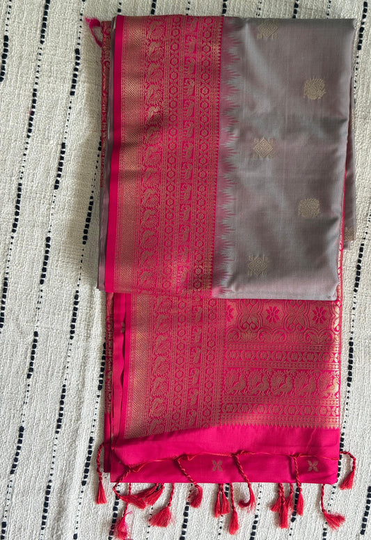 Grey n Pink-Butta Design-Kanchipuram Soft Silk Saree