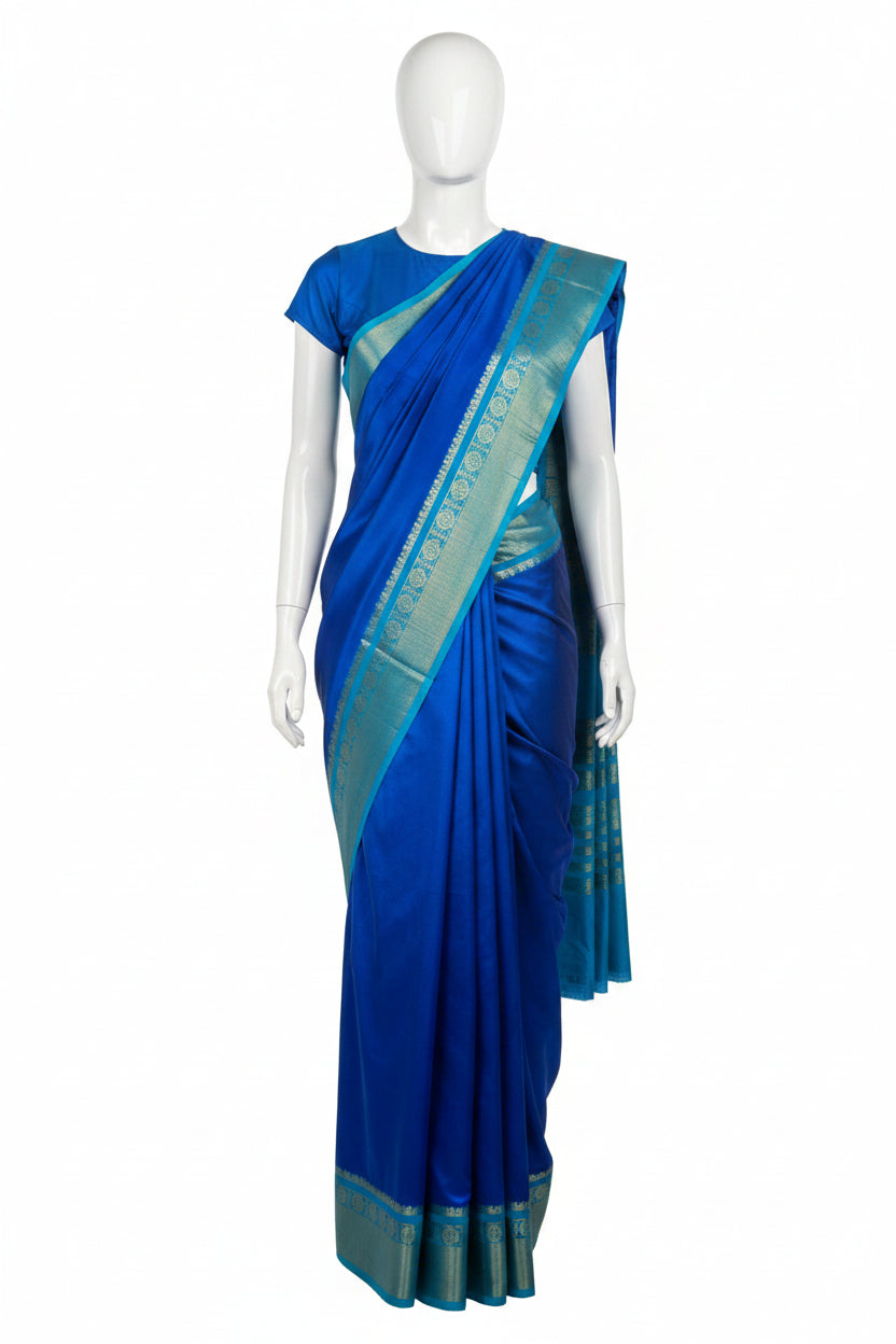 Blue n Turquoise-Plain-Mysore Crepe Silk Saree