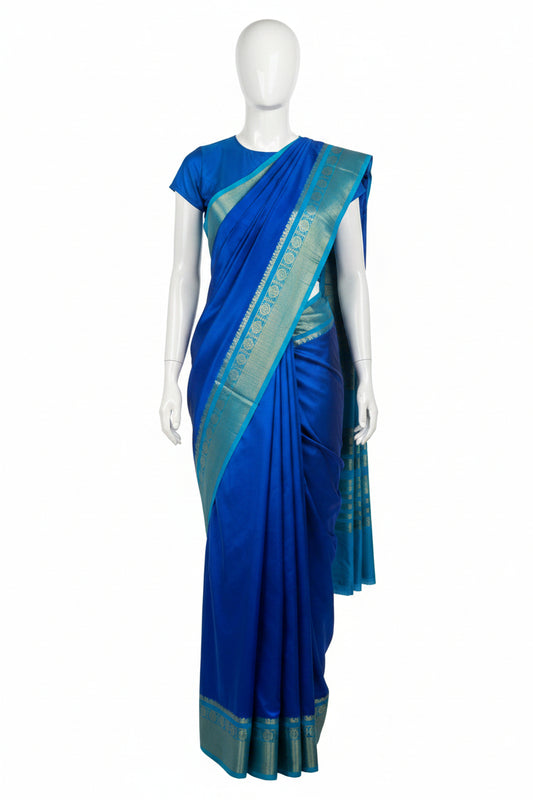 Blue n Turquoise-Plain-Mysore Crepe Silk Saree