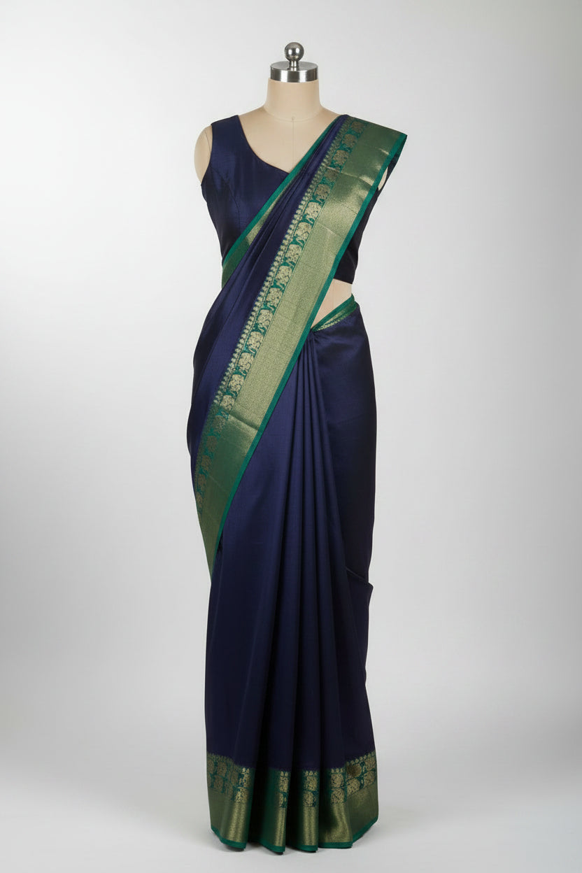 Blue n Green-Plain-Mysore Crepe Silk Saree