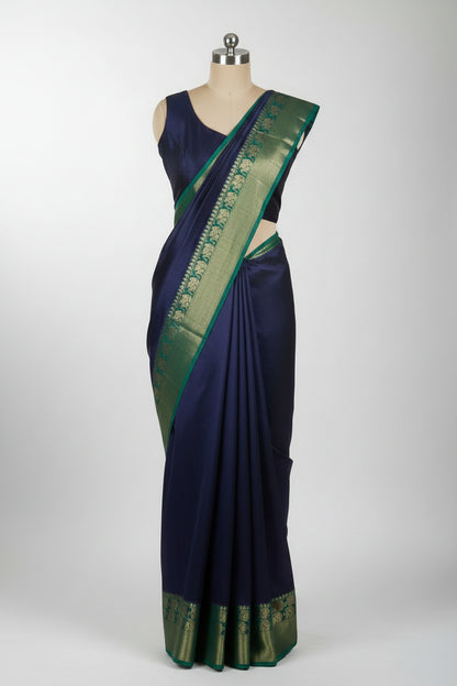 Blue n Green-Plain-Mysore Crepe Silk Saree