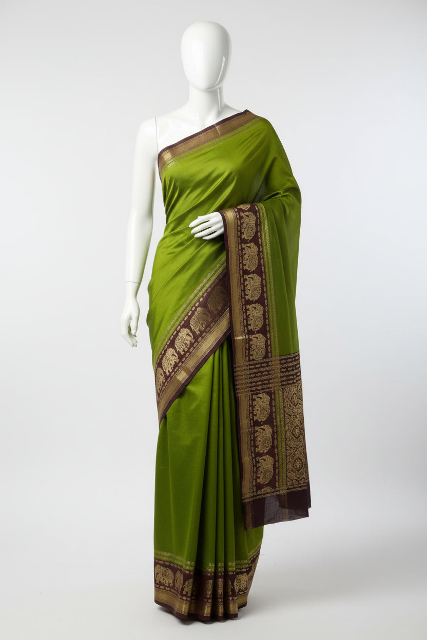 Green n Brown-Plain-Mysore Crepe Silk Saree