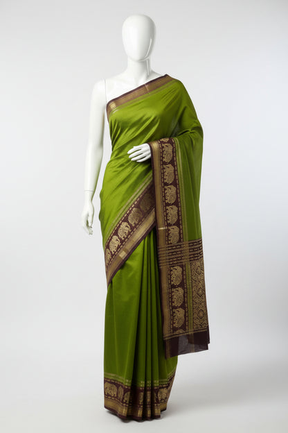 Green n Brown-Plain-Mysore Crepe Silk Saree