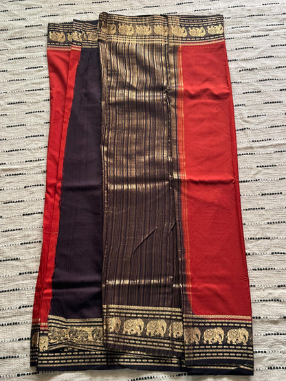 Orange n Brown-Plain-Mysore Crepe Silk Saree
