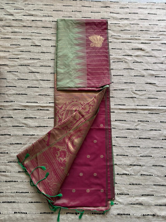 Mint Green n Magenta Pink-Striped-Kanchivaram Soft Silk Saree