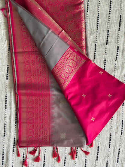 Grey n Pink-Butta Design-Kanchipuram Soft Silk Saree