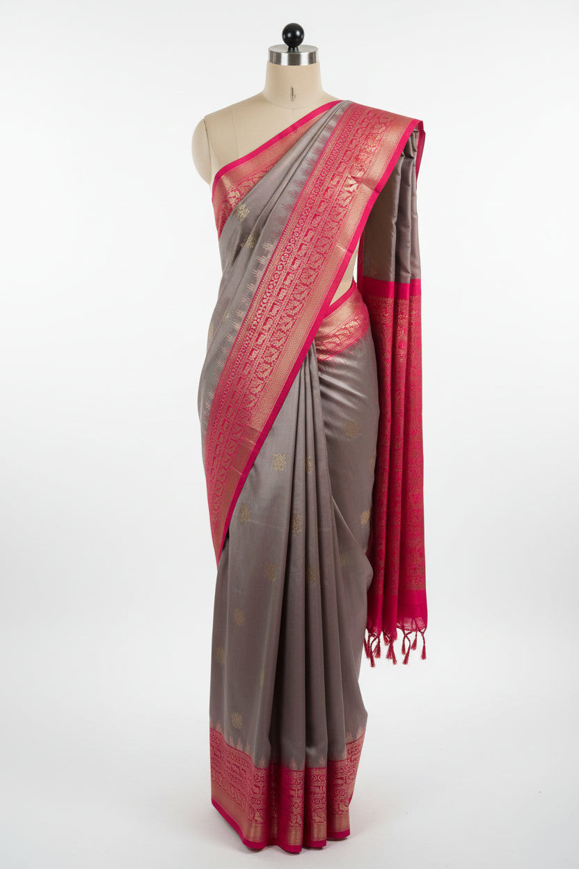 Grey n Pink-Butta Design-Kanchipuram Soft Silk Saree