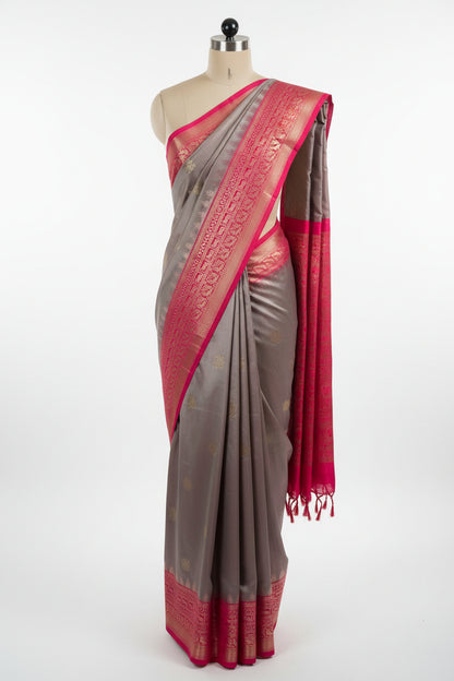 Grey n Pink-Butta Design-Kanchipuram Soft Silk Saree