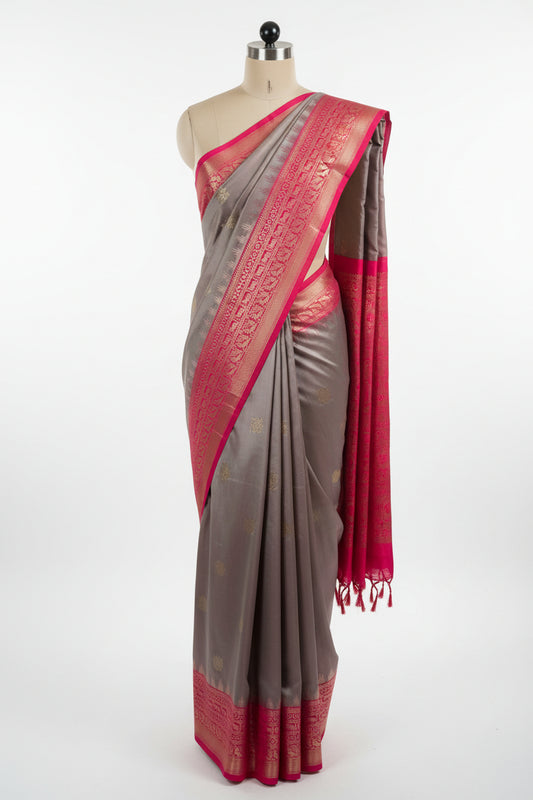 Grey n Pink-Butta Design-Kanchipuram Soft Silk Saree