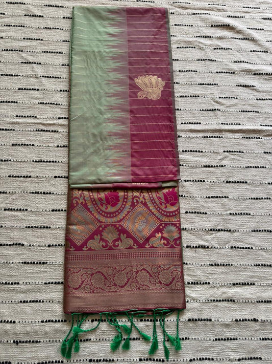 Mint Green n Magenta Pink-Striped-Kanchivaram Soft Silk Saree