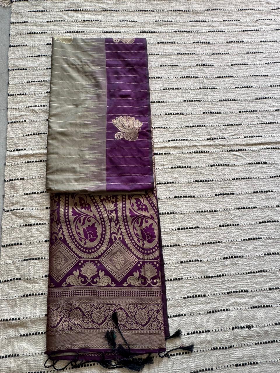 Grey n Purple-Striped-Kanchivaram Soft Silk Saree