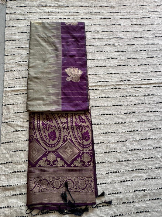 Grey n Purple-Striped-Kanchivaram Soft Silk Saree