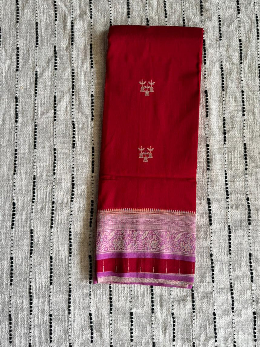 Red n Light Pink-Tone Crepe-Soft Silk Saree