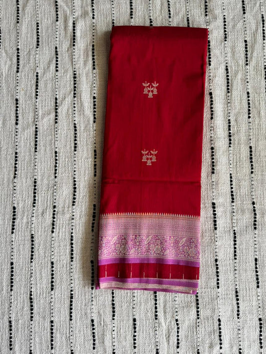 Red n Light Pink-Tone Crepe-Soft Silk Saree