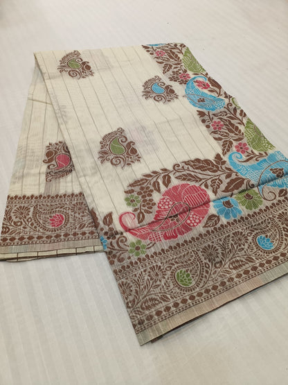 White-Mango Design-Banarsi Semi Silk Saree