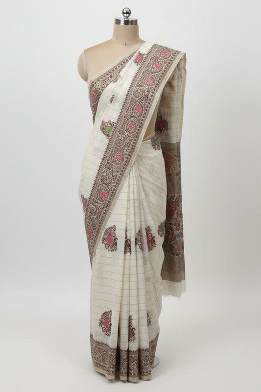 White-Mango Design-Banarsi Semi Silk Saree