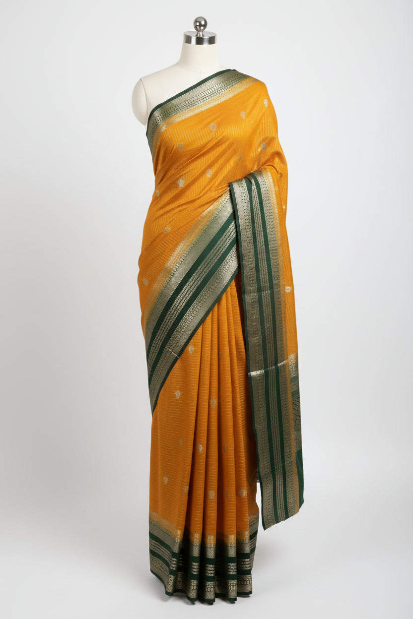 Yellow n Green-Stripe Design-Mysore Crepe Silk Saree
