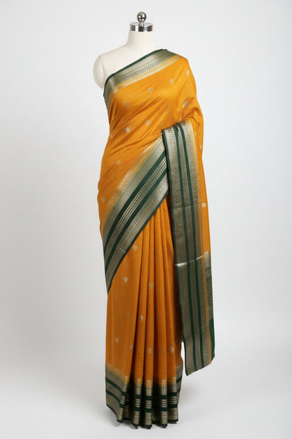 Yellow n Green-Stripe Design-Mysore Crepe Silk Saree