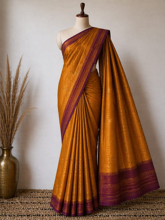 Mustard Gold n Violet Border-Checks-Silk Saree