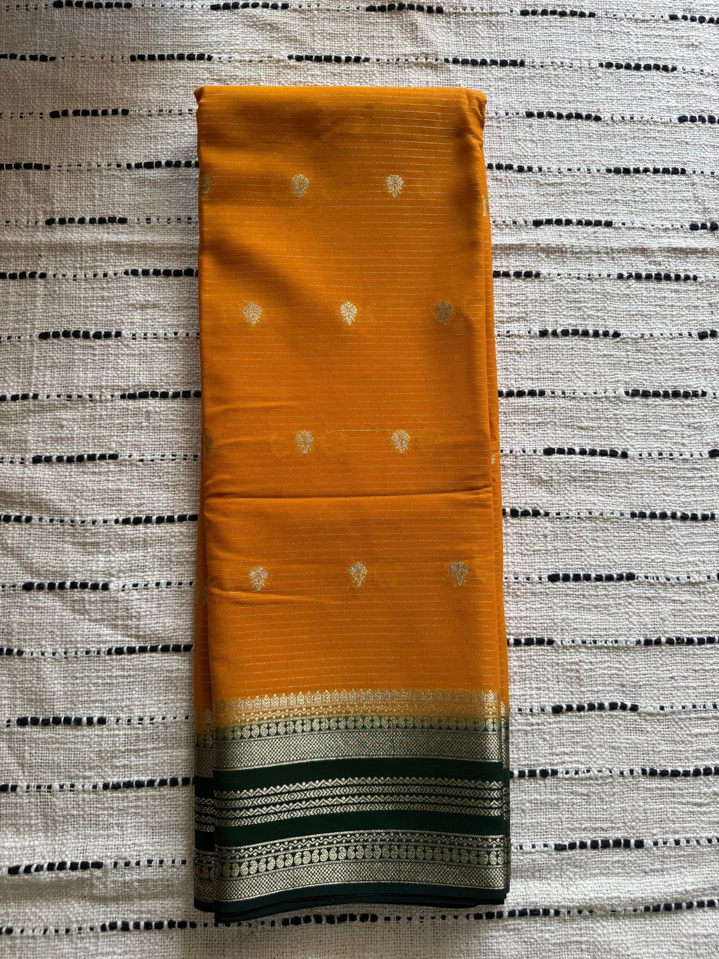 Yellow n Green-Stripe Design-Mysore Crepe Silk Saree