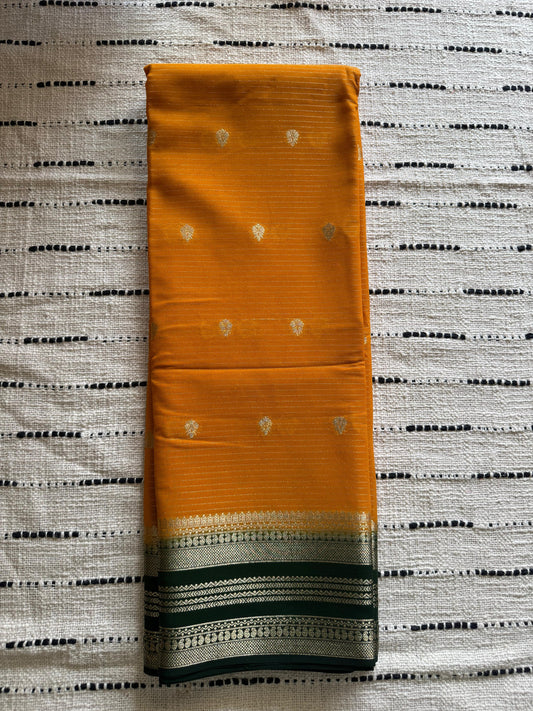 Yellow n Green-Stripe Design-Mysore Crepe Silk Saree